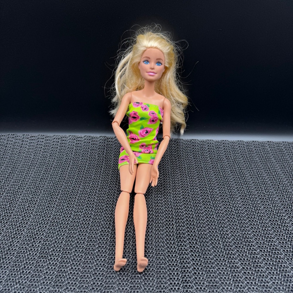 Barbie HXJ38 Blonde Articulated Doll Green Pink Floral Dress Mattel